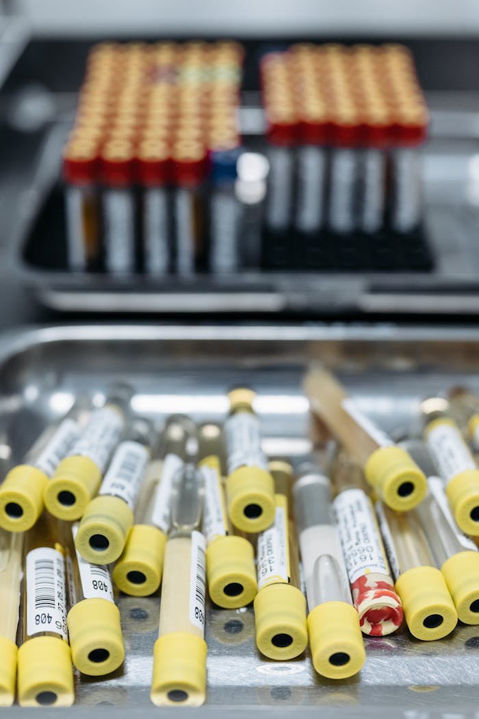 Close-up image of blood samples in test tubes at a laboratory, showcasing medical analysis equipment.